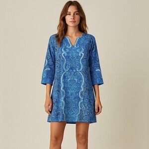 Antica Santoria Blue Paisley Mini Tunic Dress